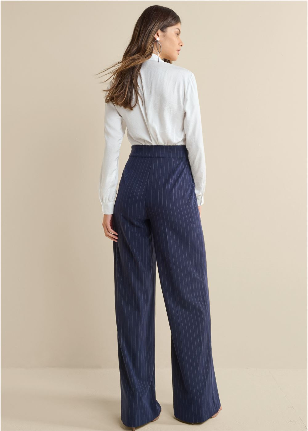 Venus Plus Size Pinstripe Wide Leg Jumpsuit in Navy & White