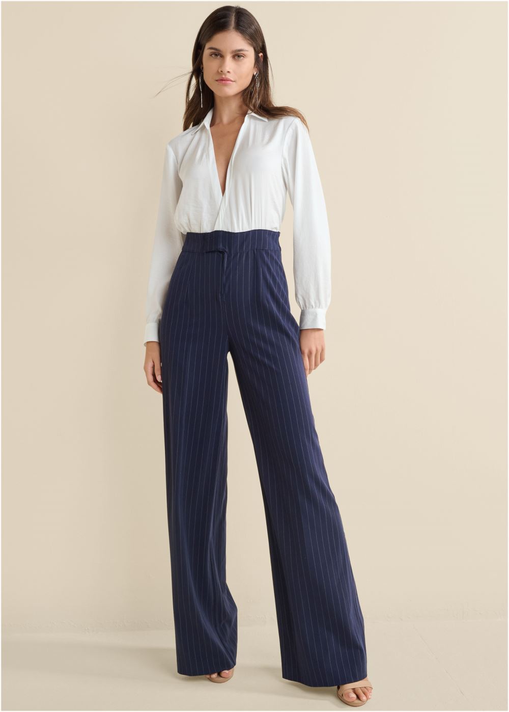 Venus Plus Size Pinstripe Wide Leg Jumpsuit in Navy & White