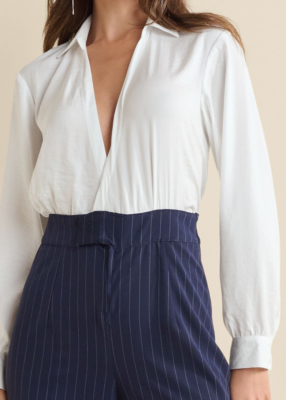 Venus Plus Size Pinstripe Wide Leg Jumpsuit in Navy & White