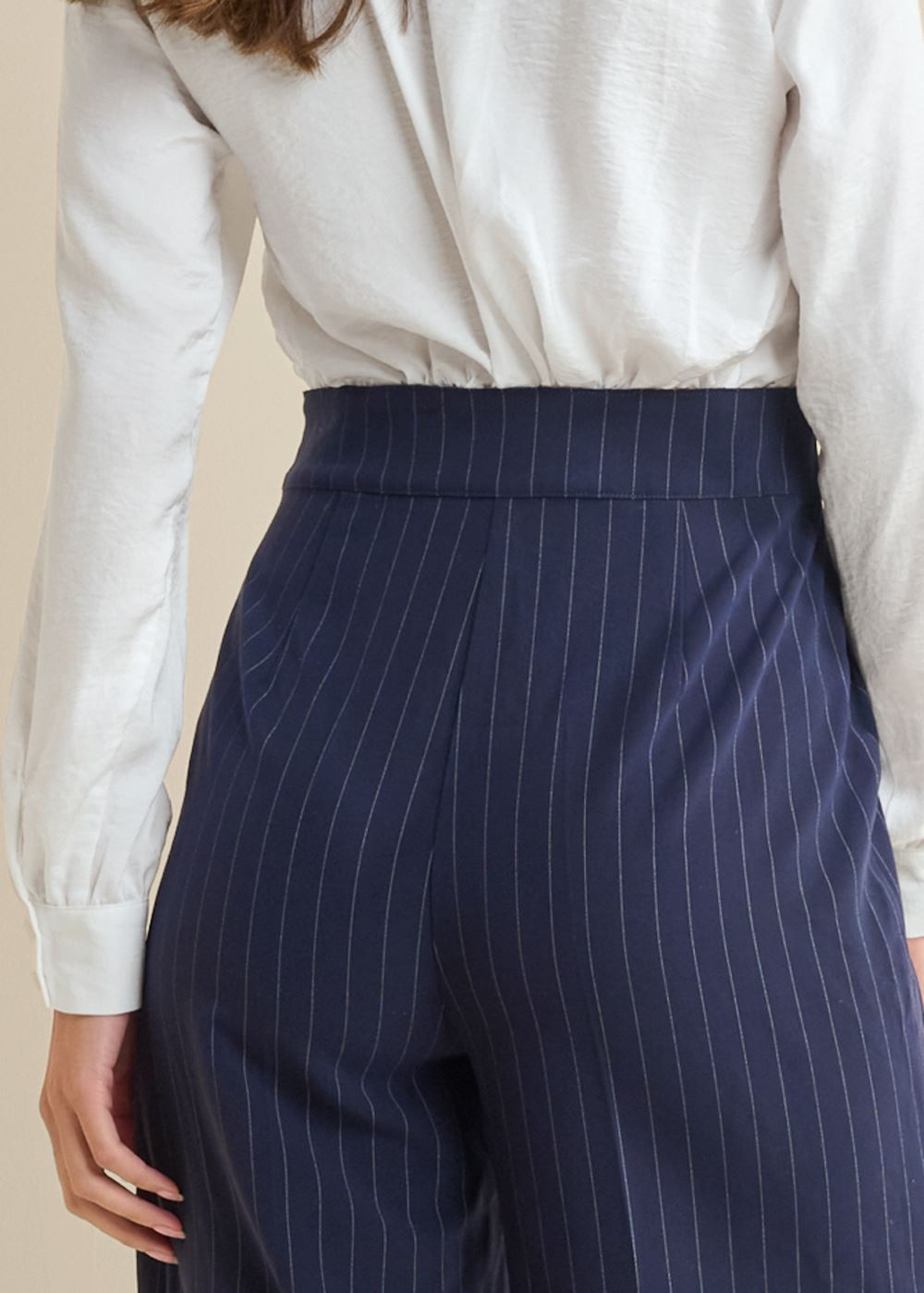 Venus Plus Size Pinstripe Wide Leg Jumpsuit in Navy & White