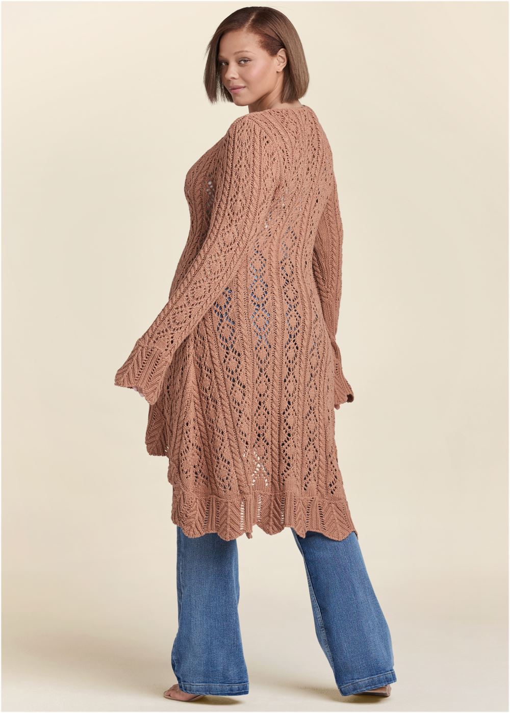 Venus Plus Size Long Crochet Cardigan in Brown