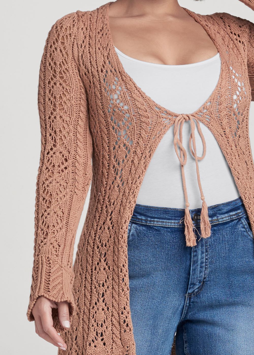 Venus Plus Size Long Crochet Cardigan in Brown