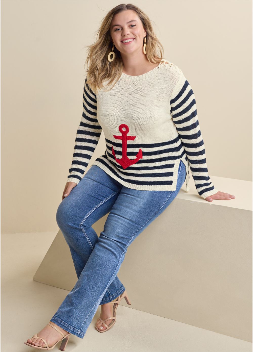 Venus Plus Size Anchor Crew Neck Sweater in White Multi