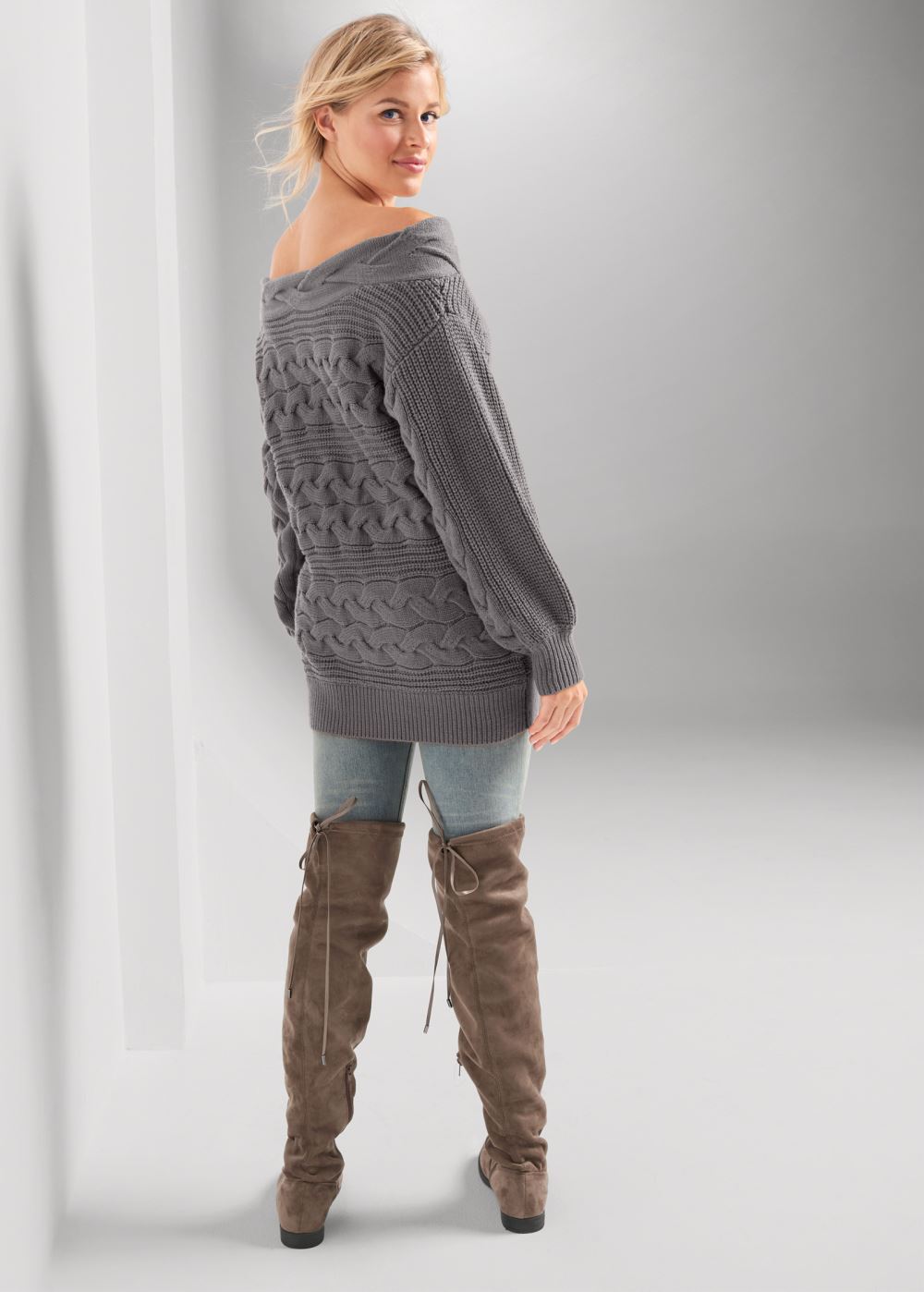 Venus Plus Size Boat Neck Cable Knit Sweater in Dark Grey