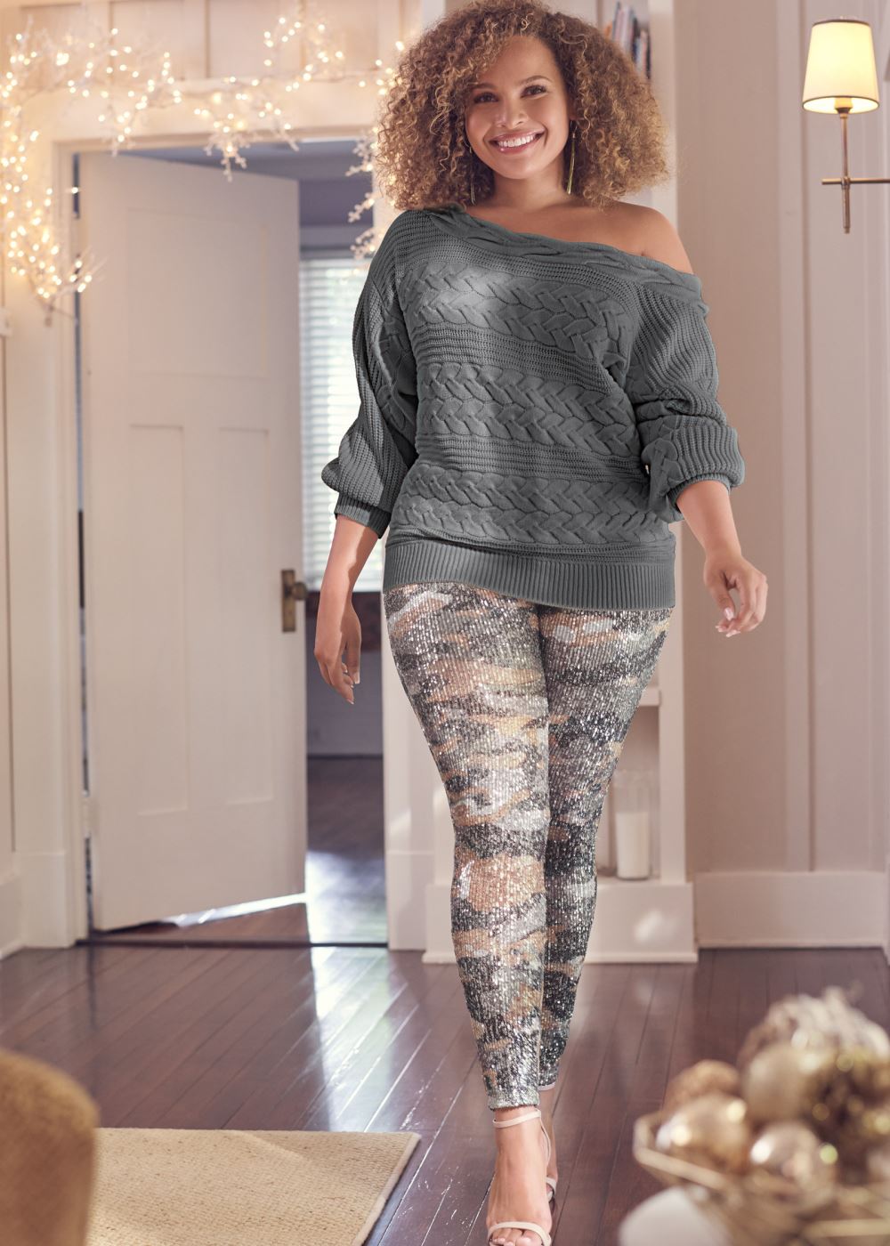 Venus Plus Size Boat Neck Cable Knit Sweater in Dark Grey