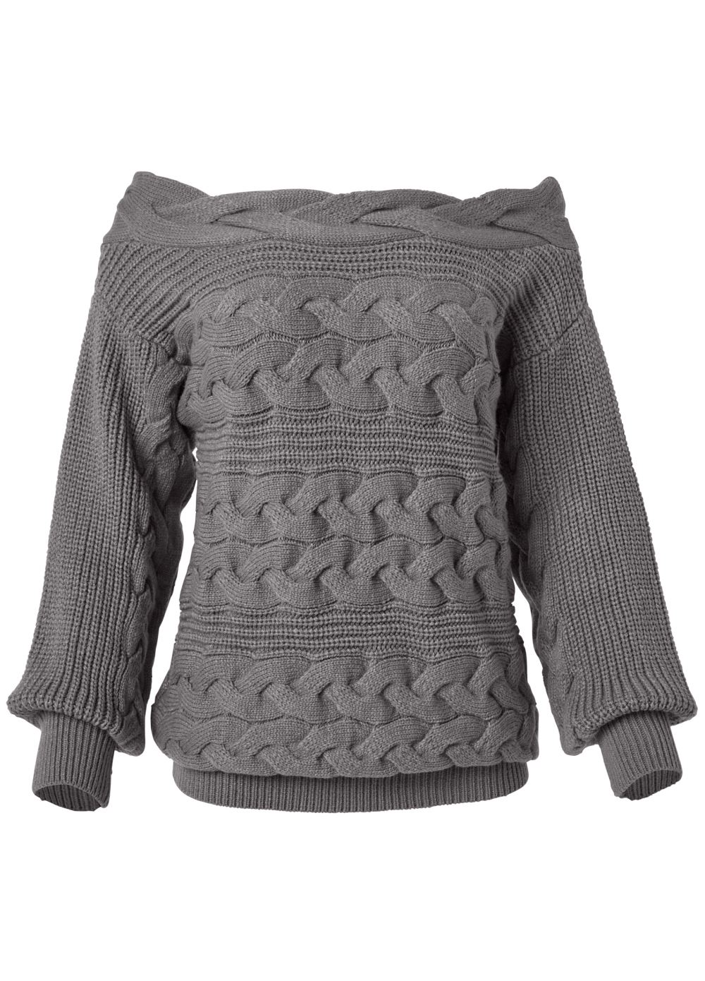 Venus Plus Size Boat Neck Cable Knit Sweater in Dark Grey
