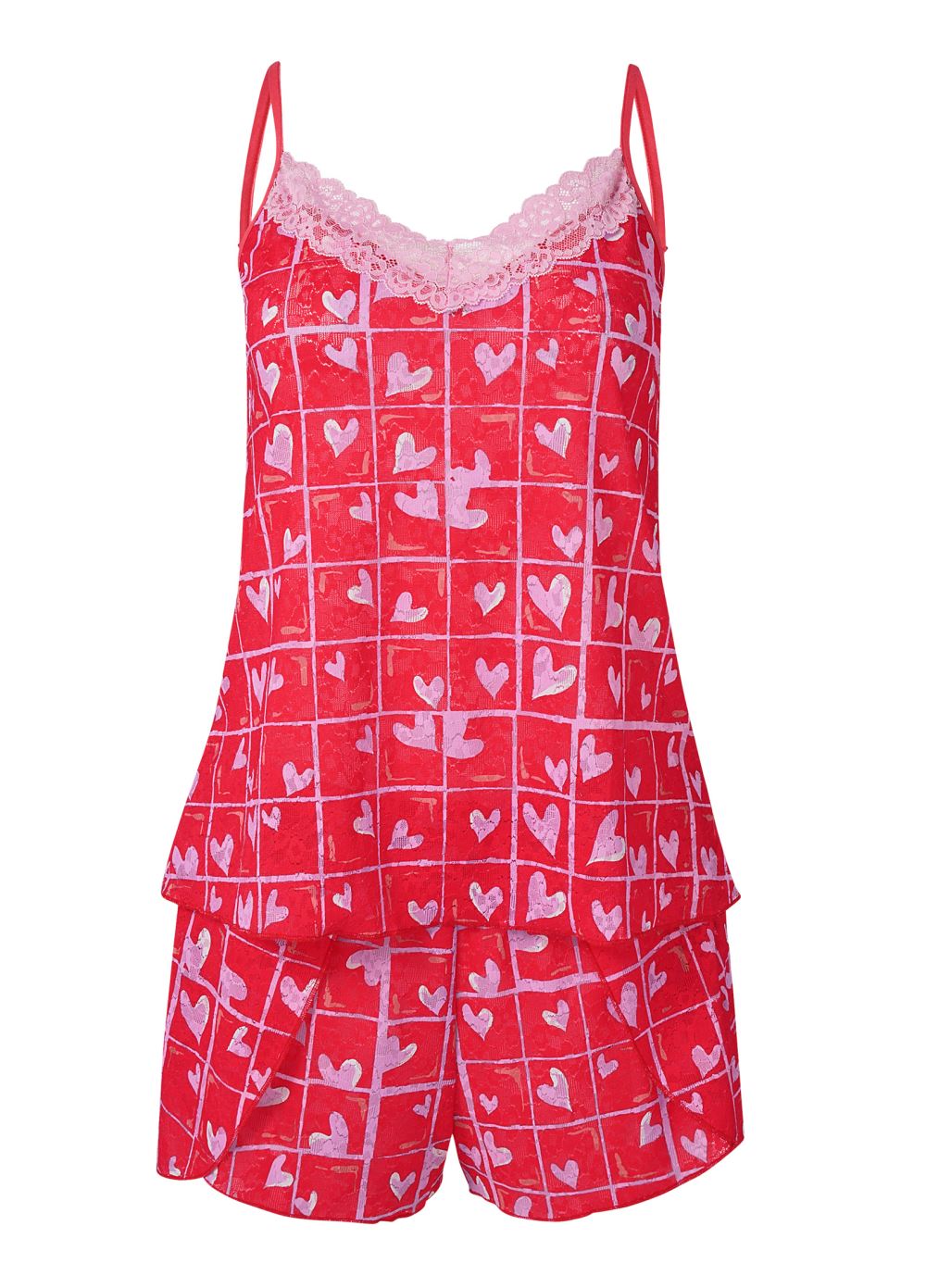 Venus Red Multi LACE DETAIL PAJAMA SET