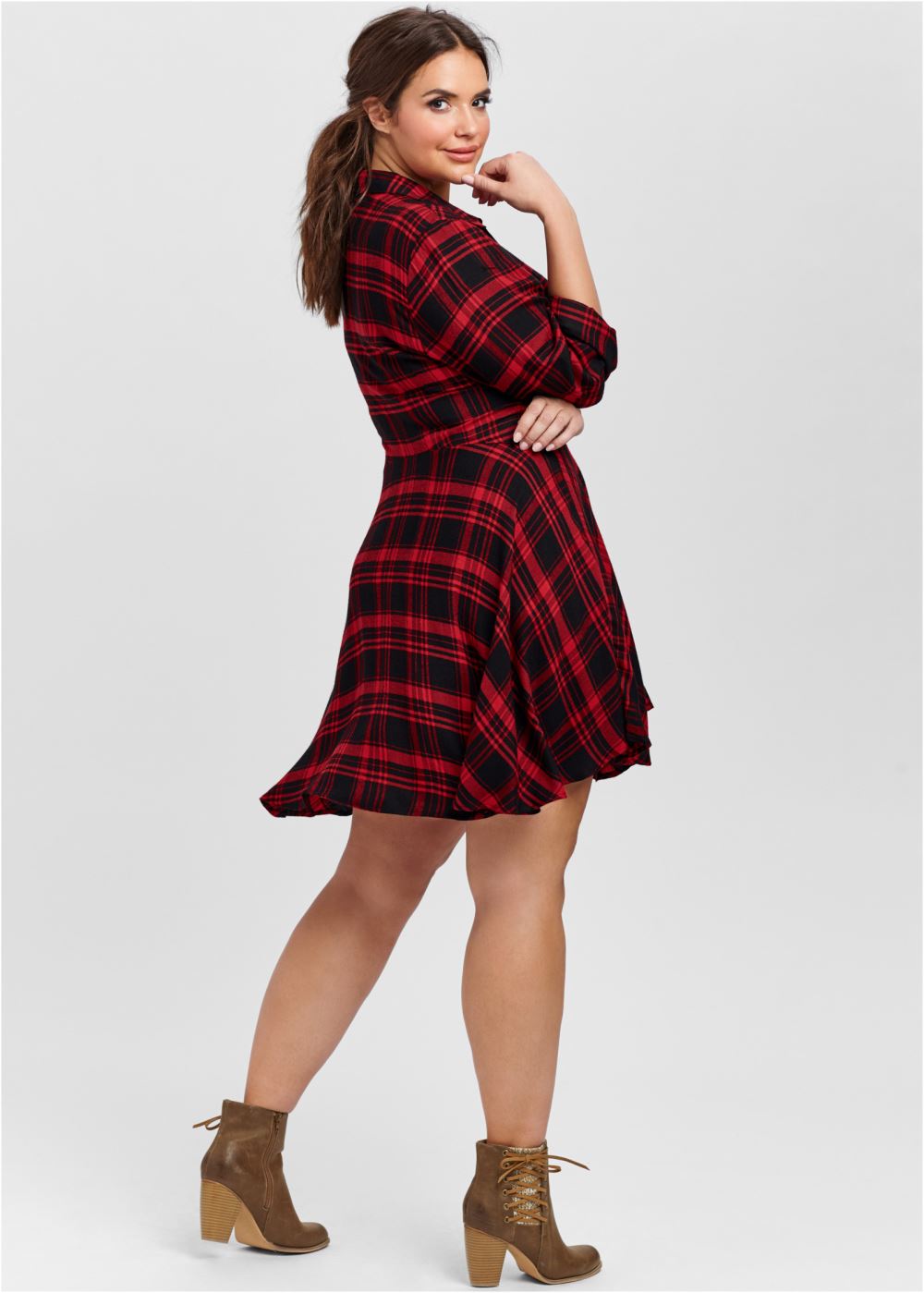 Venus Red Multi PLAID HIGH LOW DRESS