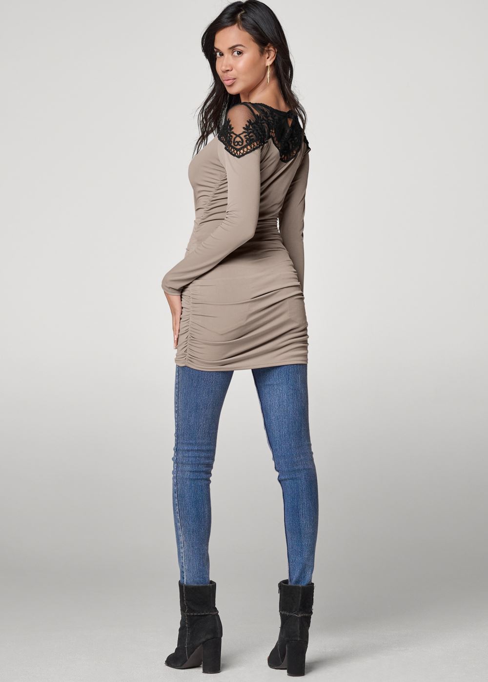 Venus Beige Multi LACE NECKLINE RUCHED TOP