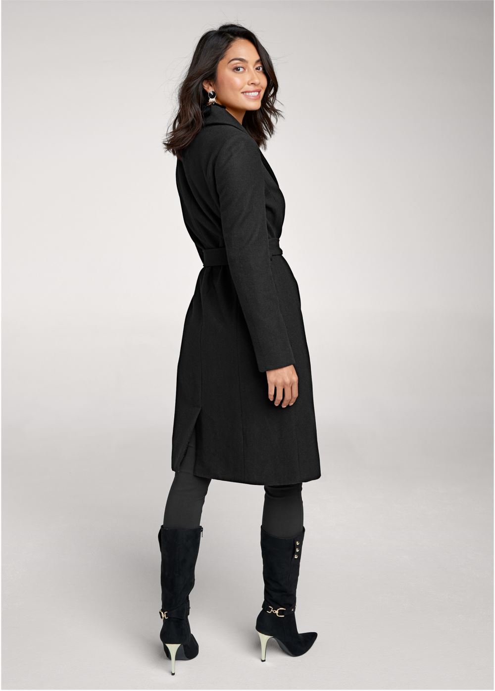 Venus Belted Faux-Wool Coat in Black