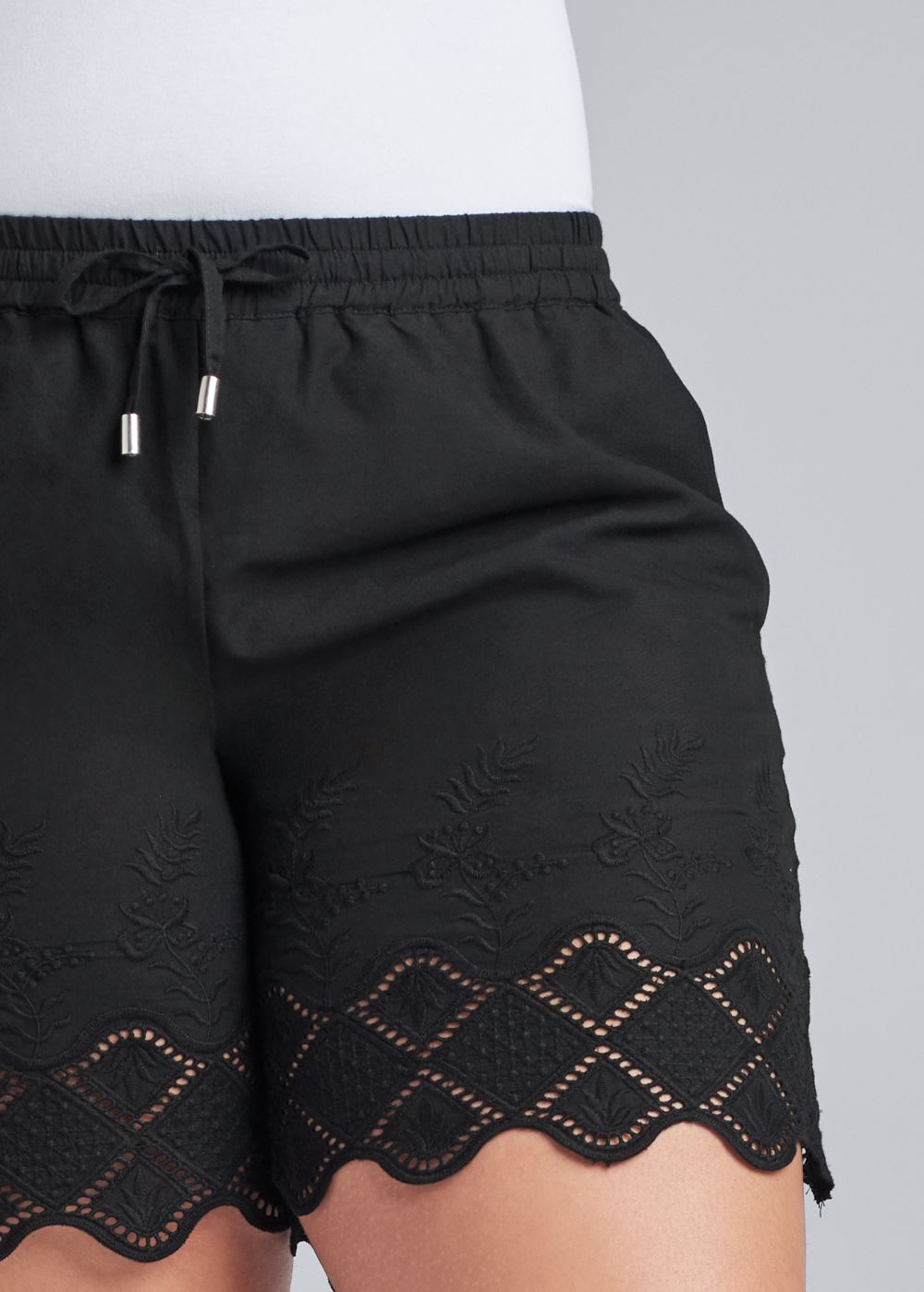 Venus Black CROCHET TRIM LINEN SHORTS