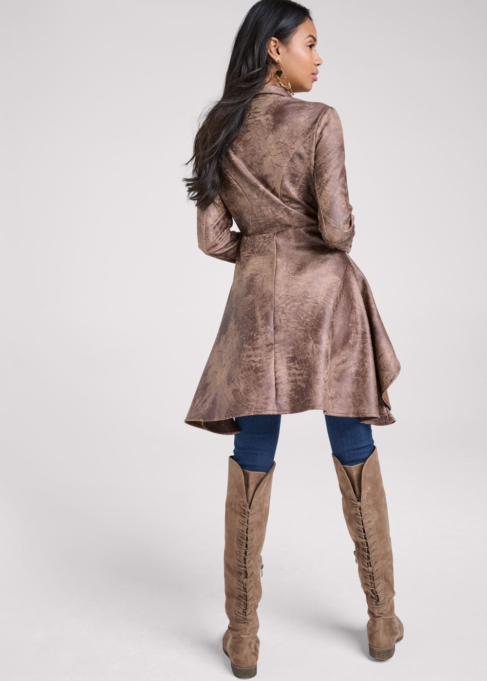 Venus Distressed Faux Suede Scuba Hi Low Jacket in Brown Multi