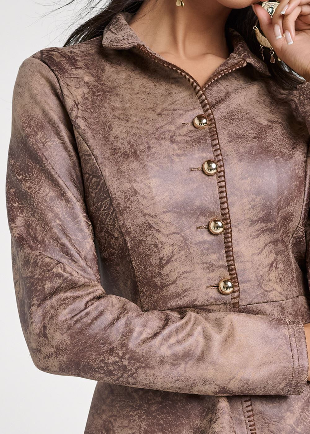 Venus Distressed Faux Suede Scuba Hi Low Jacket in Brown Multi