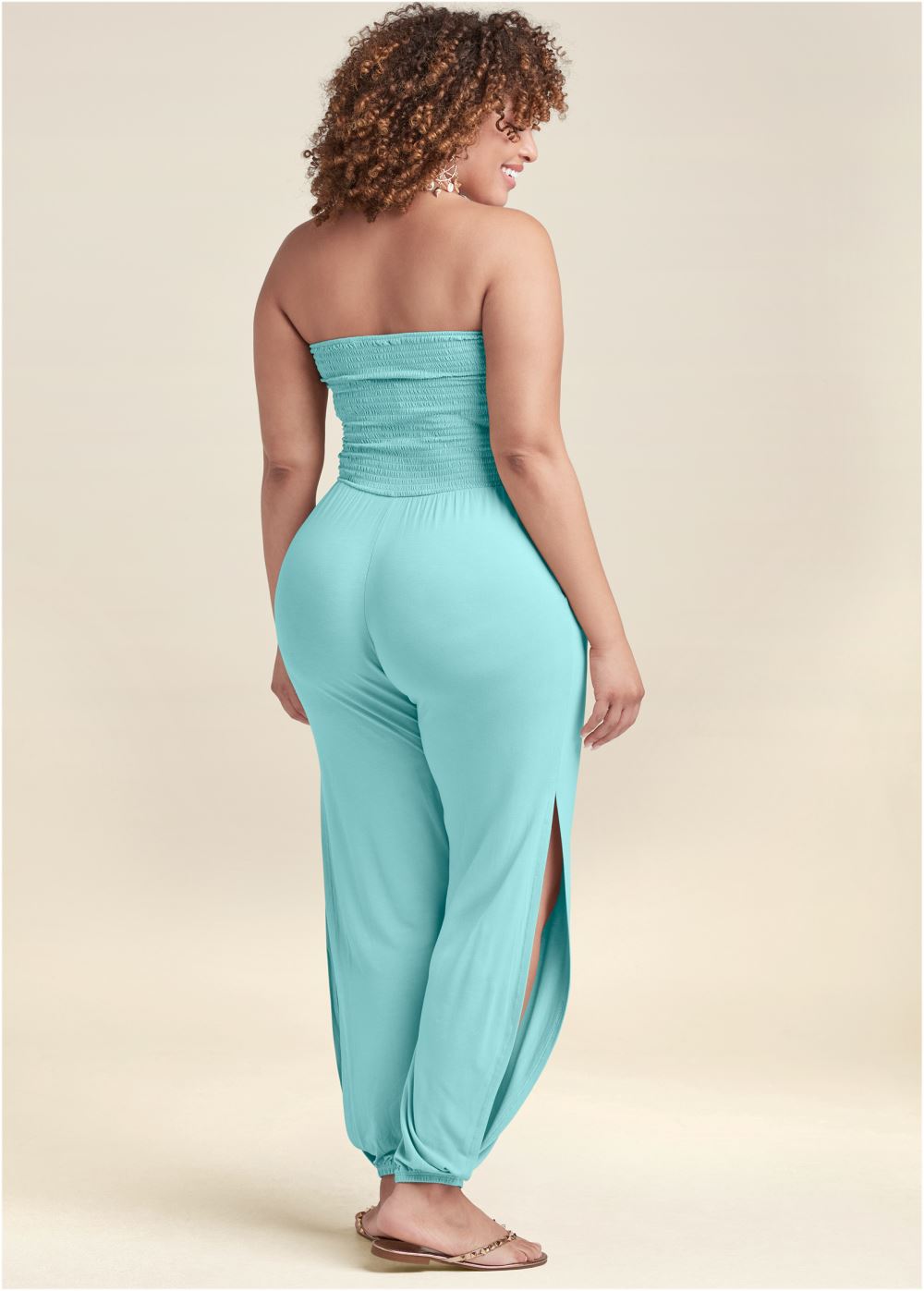Venus Plus Size Smocked Side Slit Jumpsuit in Mint