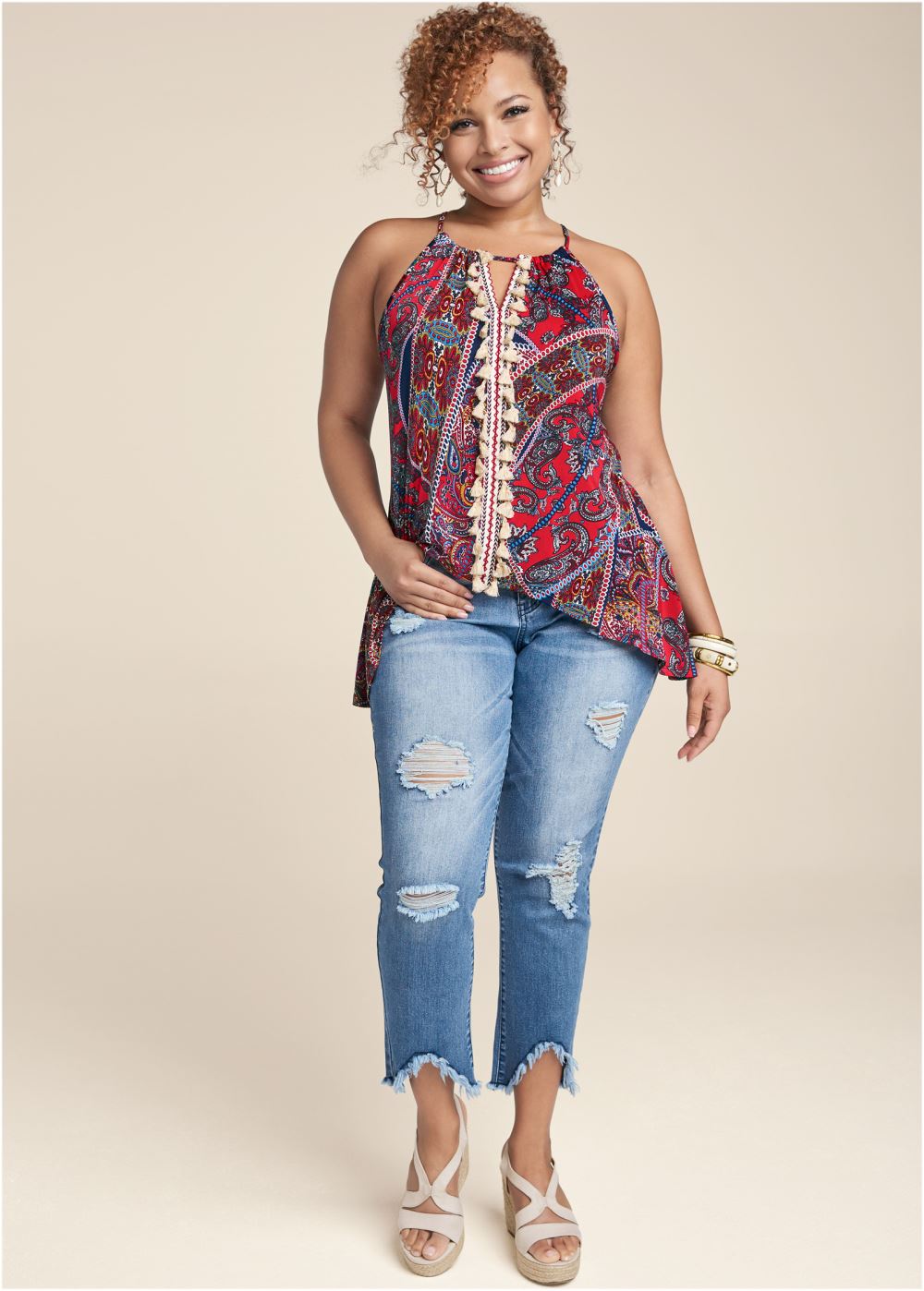 Venus Plus Size Paisley Print Tassel Top