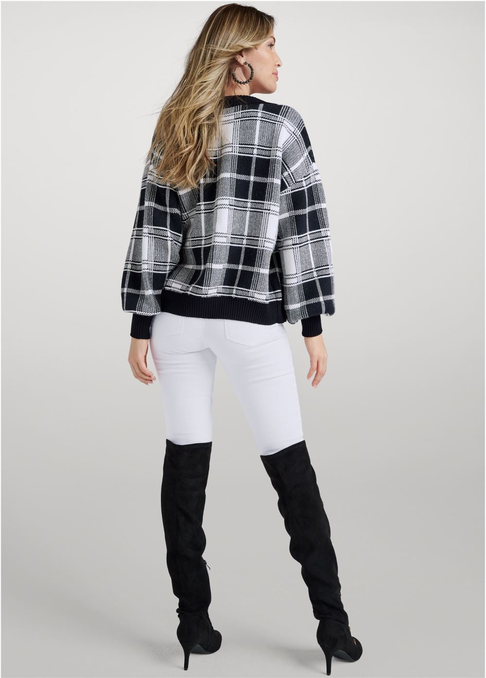 Venus Plus Size Plaid Sweater Set in Black & White
