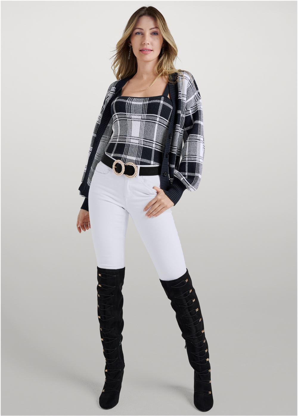 Venus Plus Size Plaid Sweater Set in Black & White
