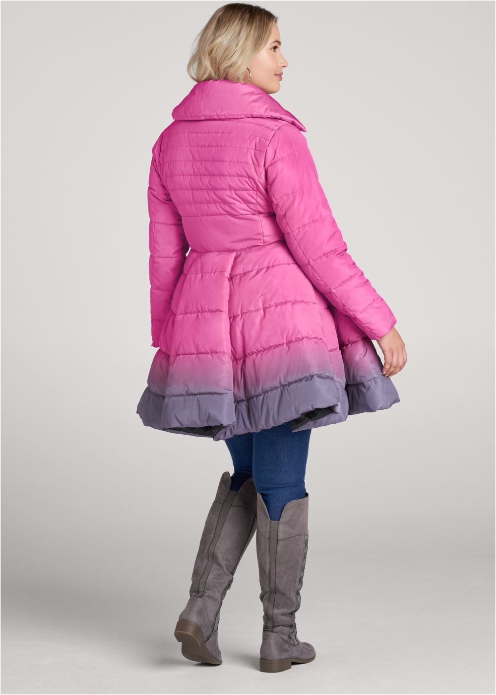 Venus Ombre Peplum Puffer Coat in Pink Multi