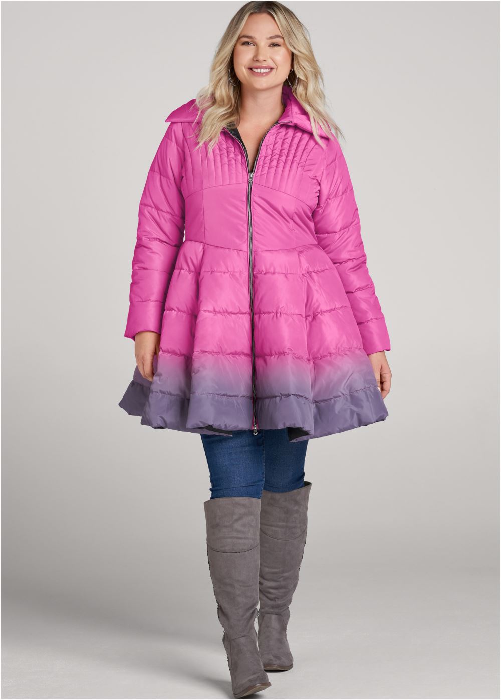 Venus Ombre Peplum Puffer Coat in Pink Multi