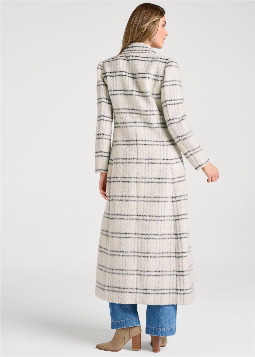 Venus Plaid Printed Full Length Coat in Off White Multi