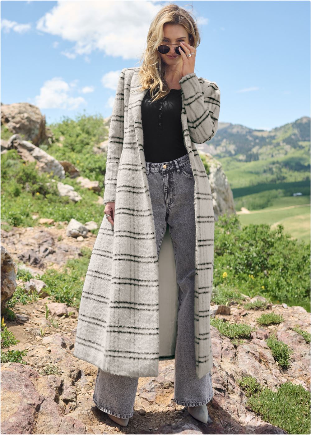 Venus Plaid Printed Full Length Coat in Off White Multi