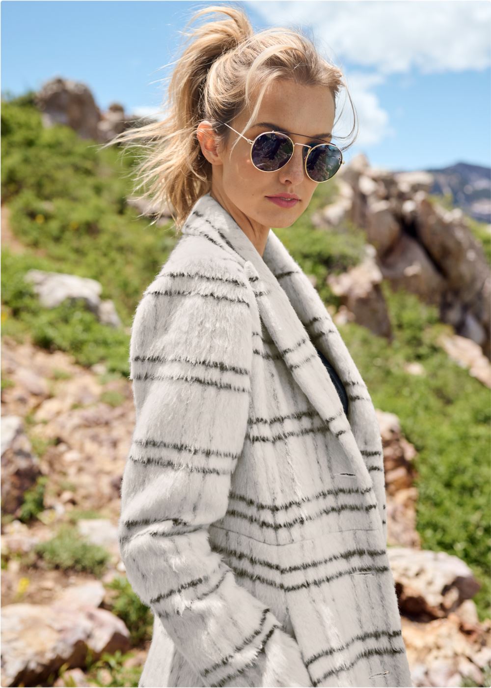 Venus Plaid Printed Full Length Coat in Off White Multi