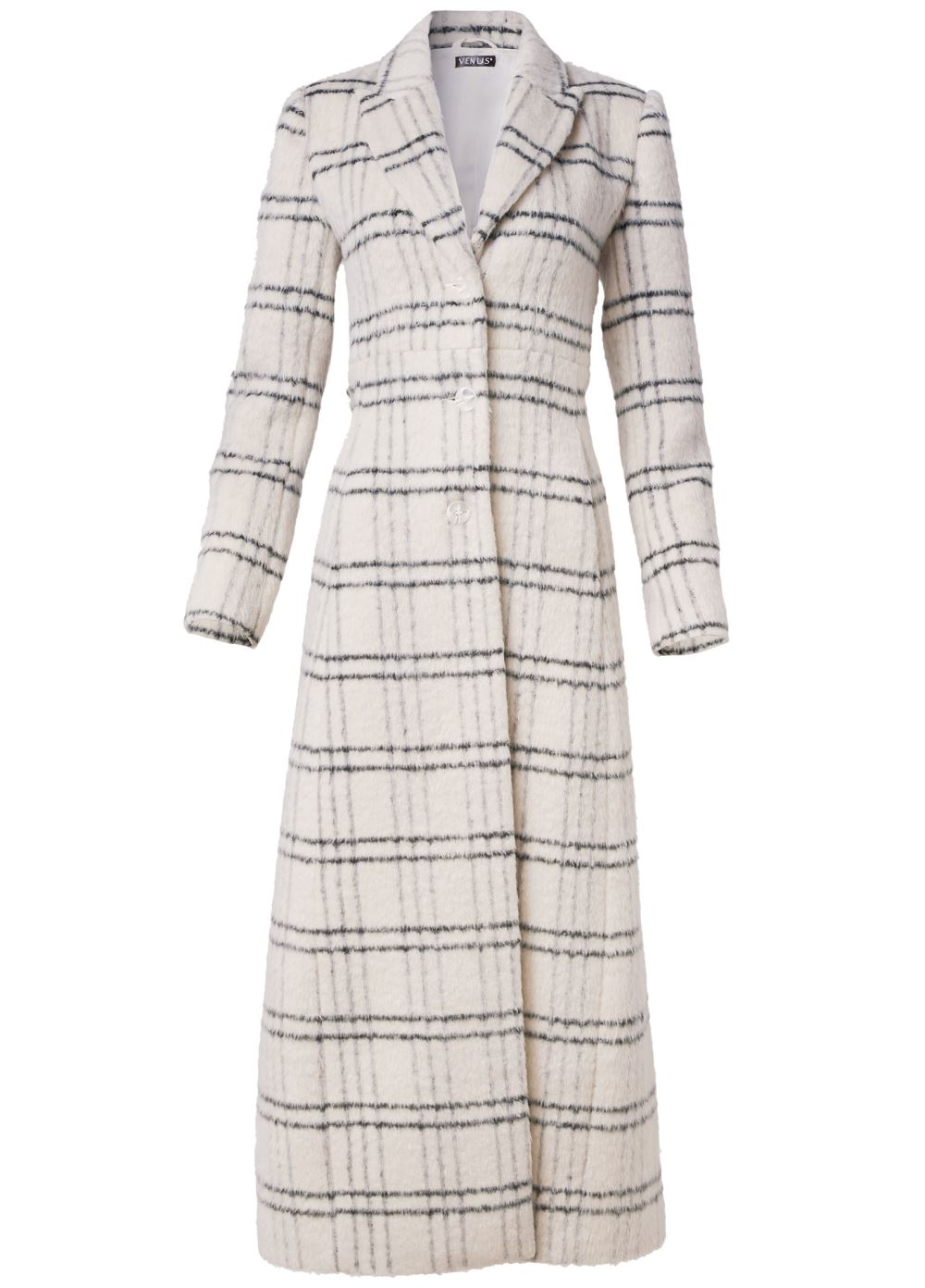 Venus Plaid Printed Full Length Coat in Off White Multi