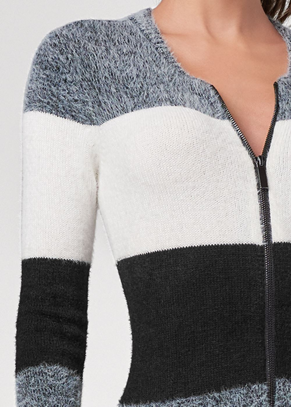 Venus Plus Size Zip Front Peplum Cardigan in Black Multi
