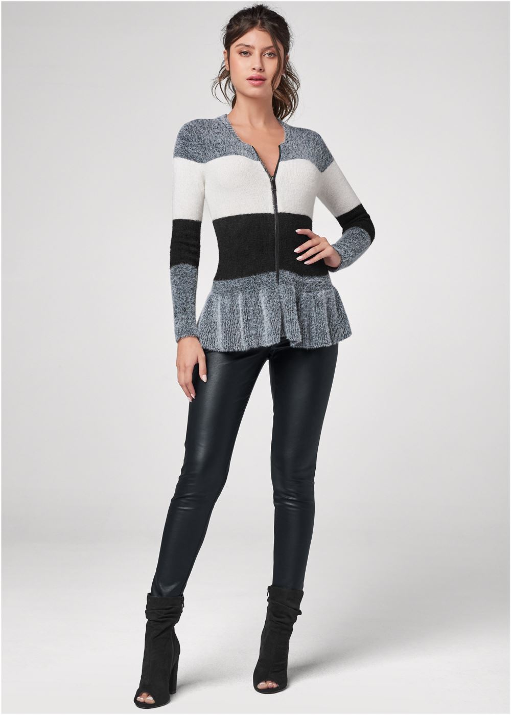 Venus Plus Size Zip Front Peplum Cardigan in Black Multi
