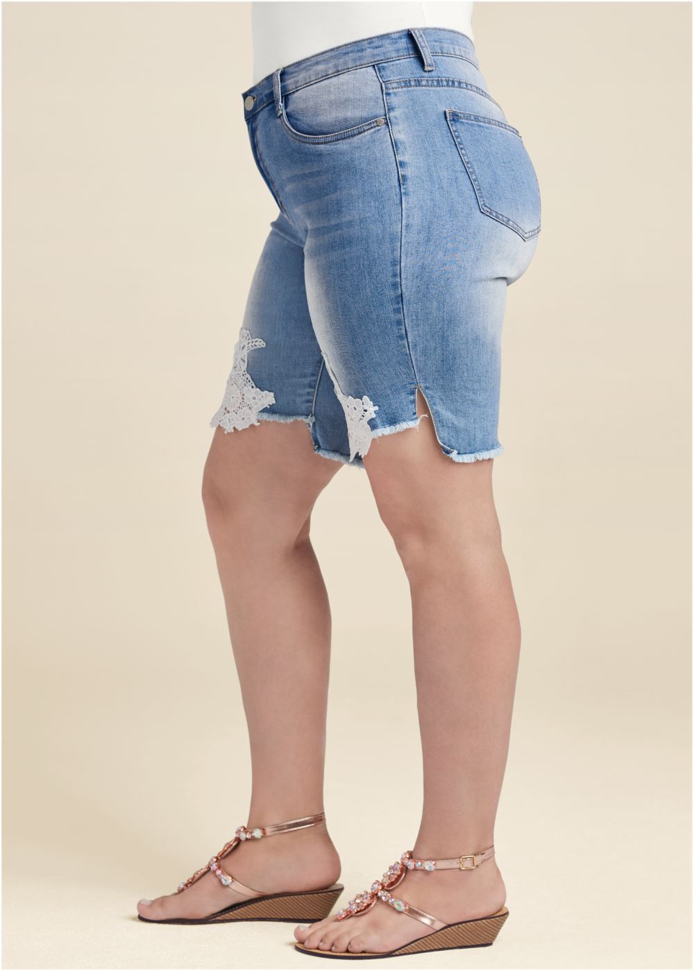 Venus Plus Size Lace Trim Bermuda Shorts - Medium Wash
