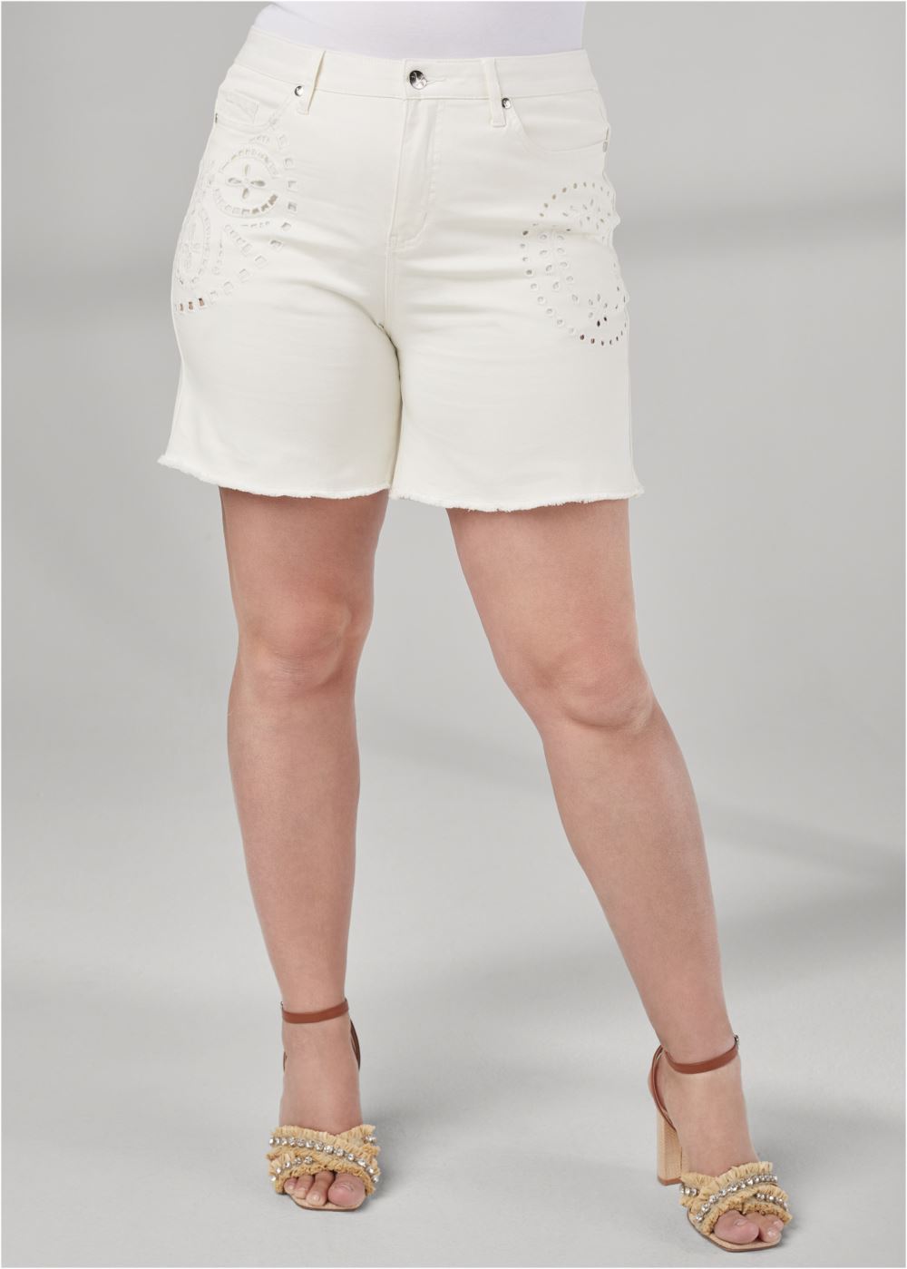 Venus Plus Size Laser Cut Jean Shorts - White Denim