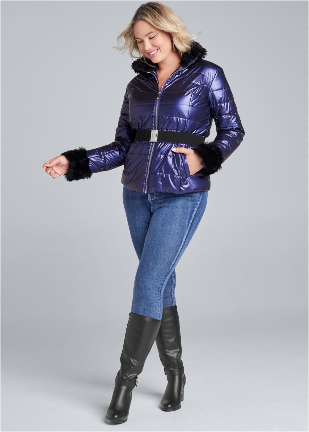 Venus Faux-Fur Trim Puffer Jacket in Blue