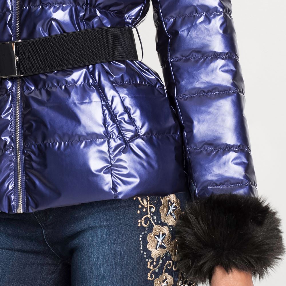 Venus Faux-Fur Trim Puffer Jacket in Blue