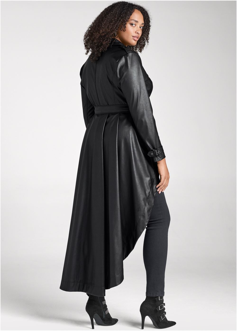 Venus High-Low Faux-Leather Trench Coat in Black