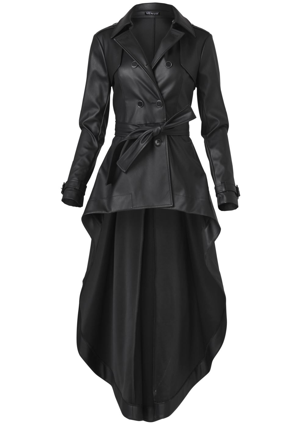 Venus High-Low Faux-Leather Trench Coat in Black