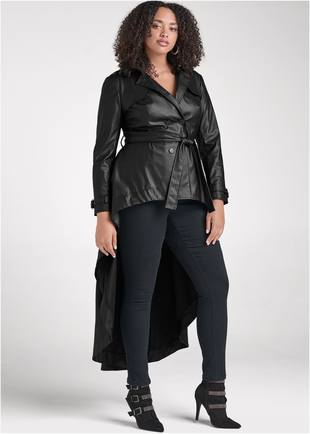 Venus High-Low Faux-Leather Trench Coat in Black