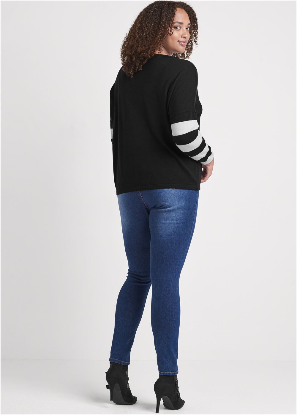 Venus Plus Size Stripe Sleeve Sweater in Black & White