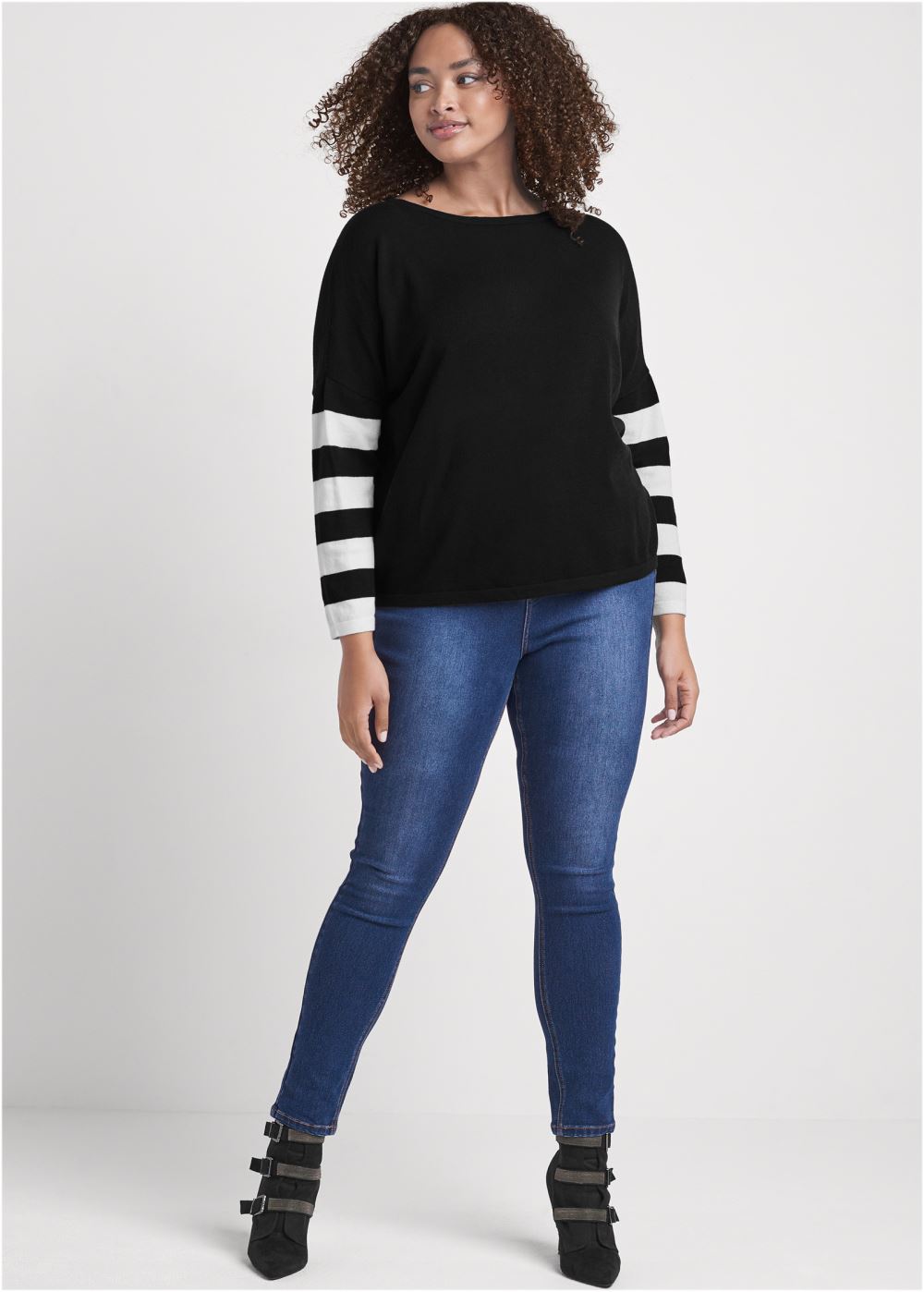 Venus Plus Size Stripe Sleeve Sweater in Black & White
