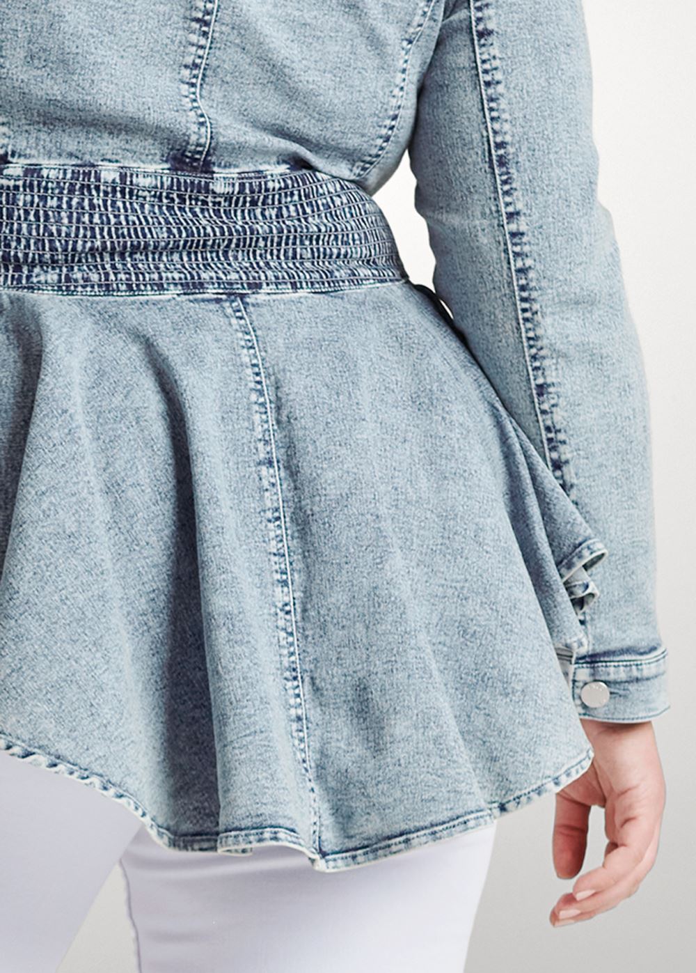 Venus Smocked Peplum Jean Jacket in Cool Wash