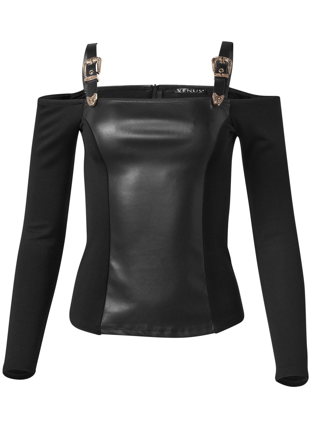 Venus Plus Size Faux Leather Buckle Detail Top