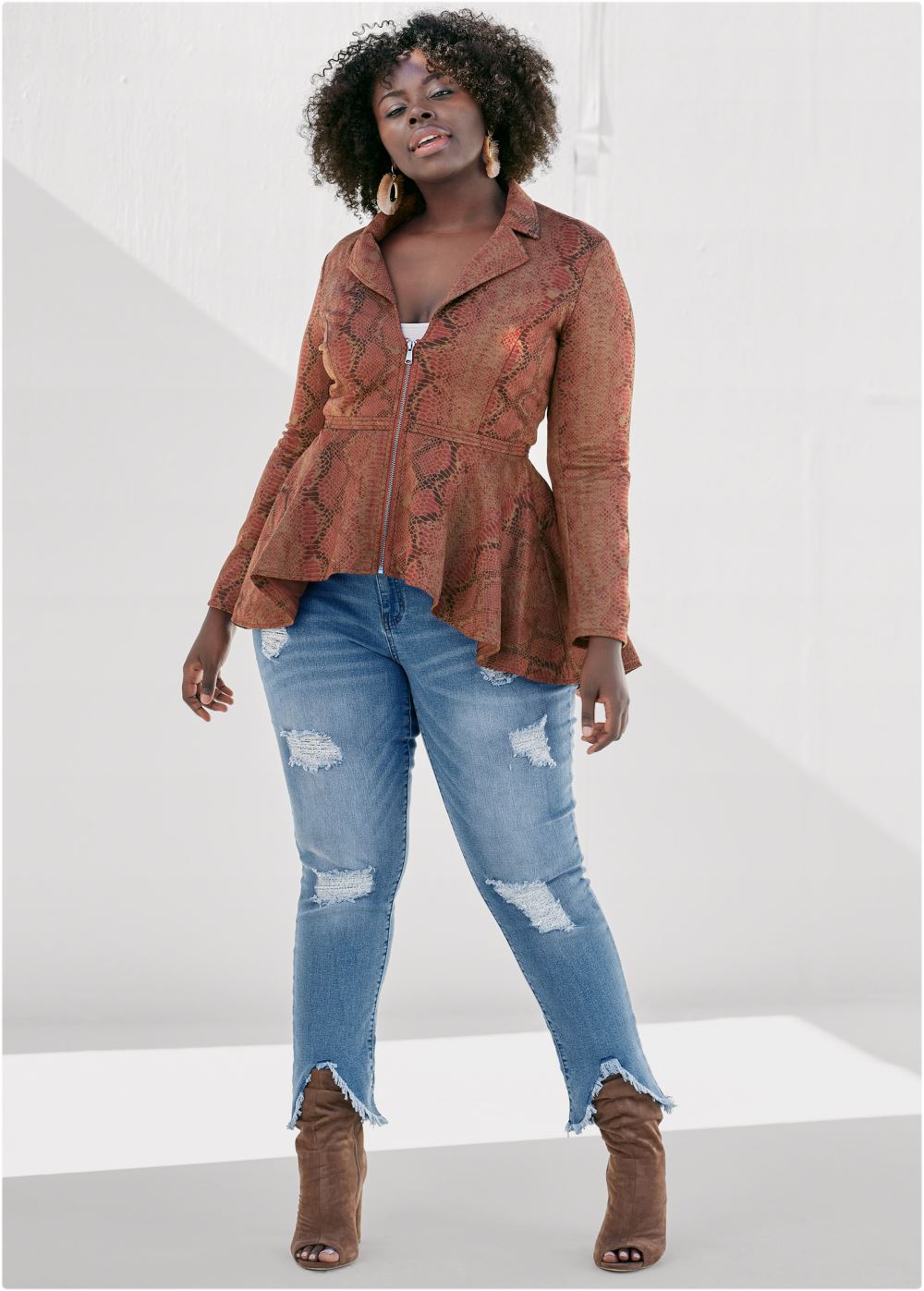 Venus Faux-Suede High-Low Jacket in Tan Multi
