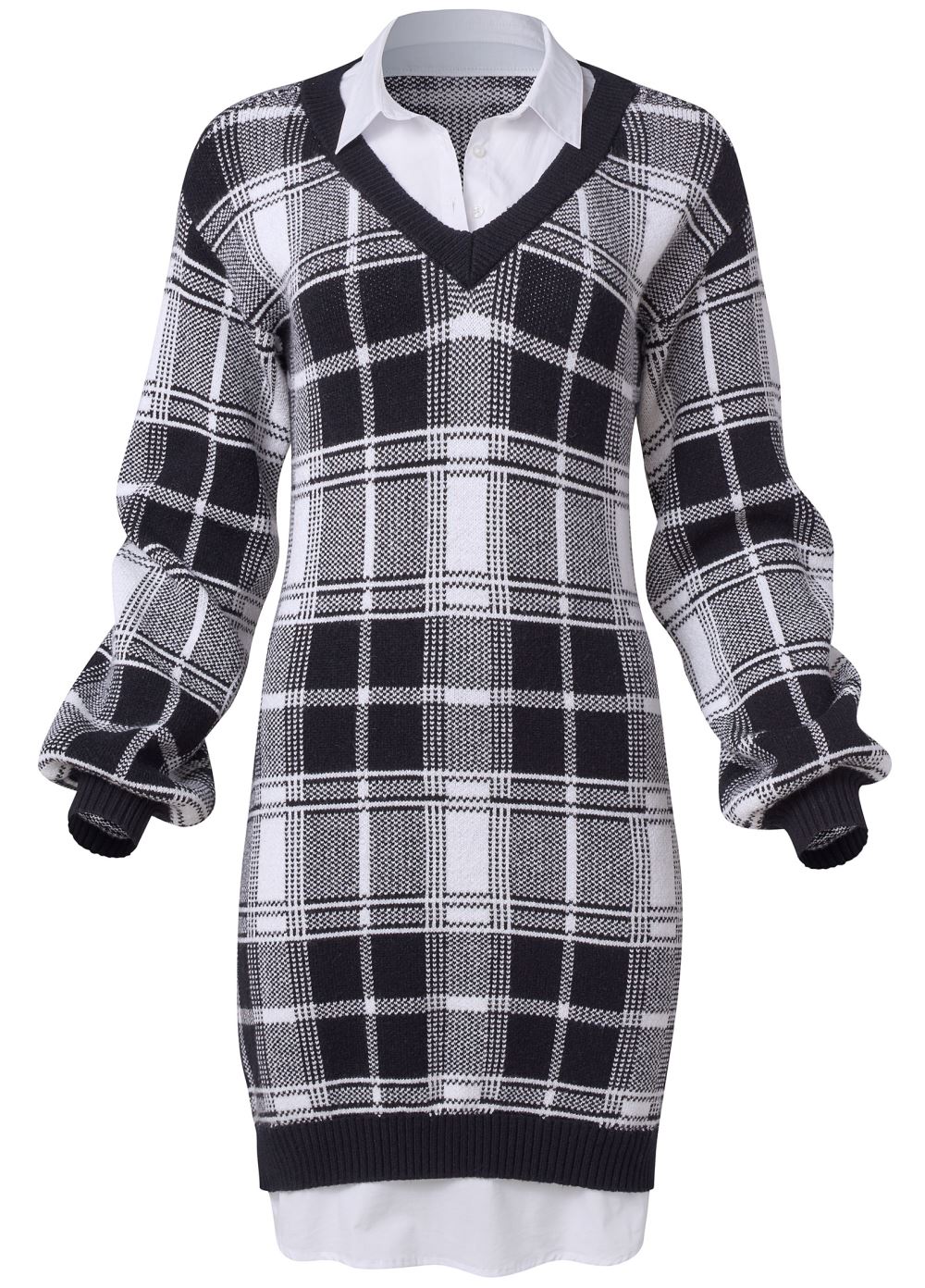 Venus White & Black PLAID LAYERED SWEATER DRESS