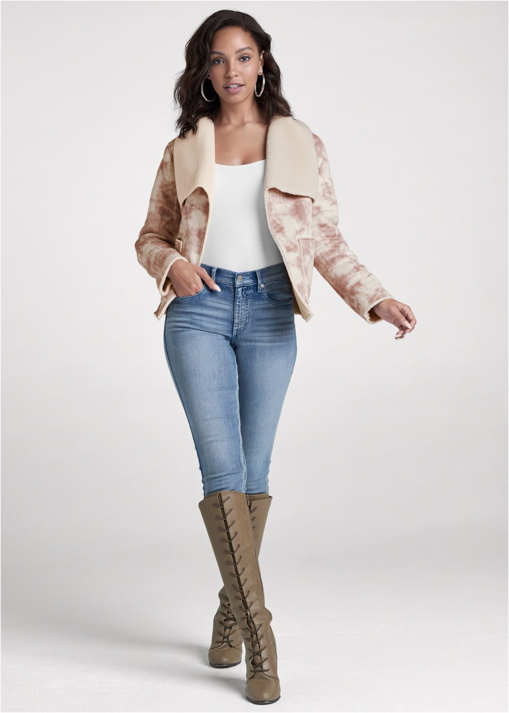 Venus Faux-Suede Tie-Dye Coat in White & Pink