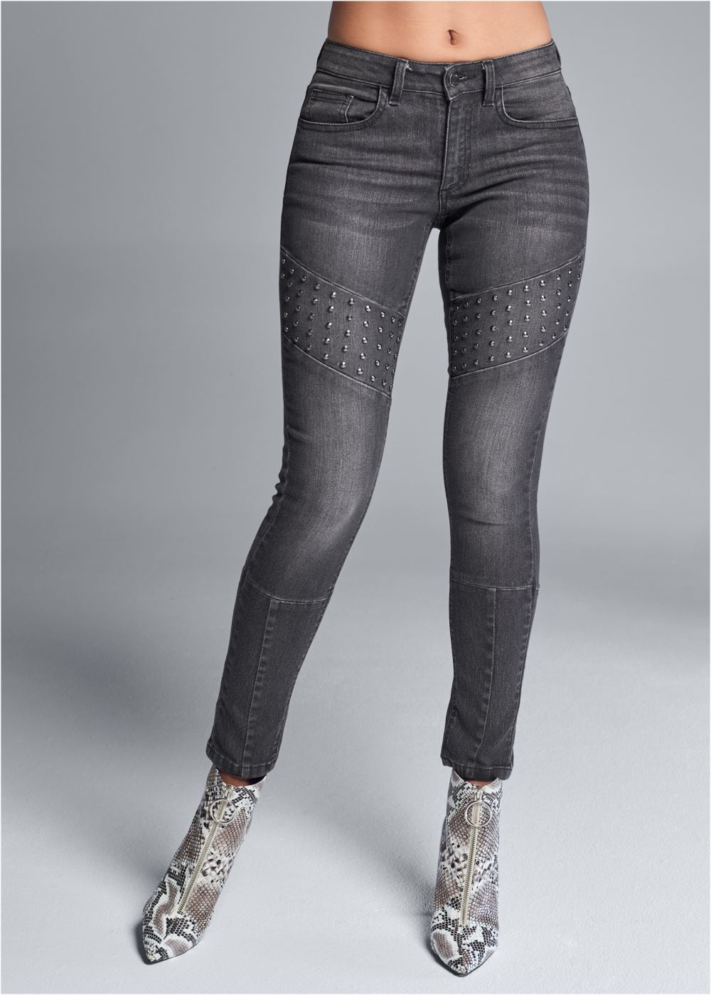 Venus Plus Size Stud Detail Skinny Jeans in Washed Denim