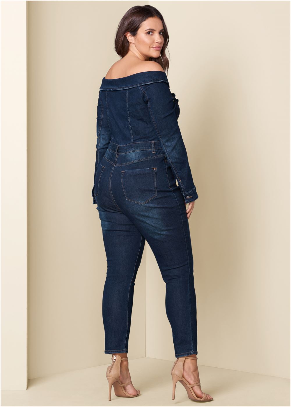 Venus Plus Size Off-The-Shoulder Denim Jumpsuit in Dark Wash