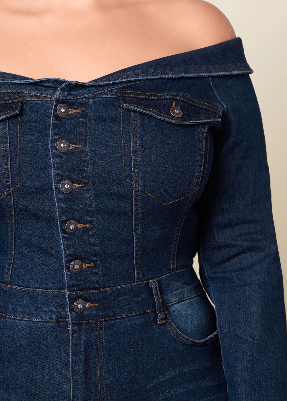 Venus Plus Size Off-The-Shoulder Denim Jumpsuit in Dark Wash