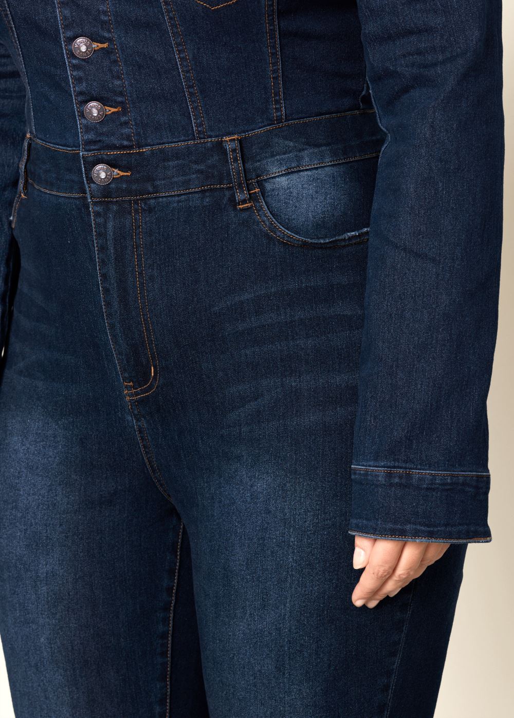 Venus Plus Size Off-The-Shoulder Denim Jumpsuit in Dark Wash