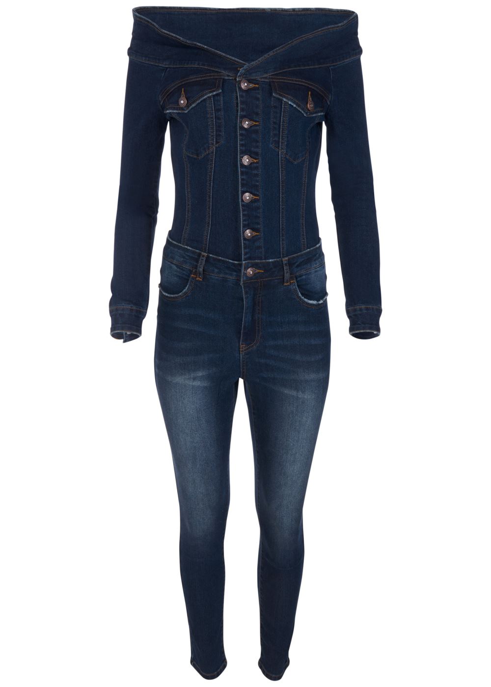 Venus Plus Size Off-The-Shoulder Denim Jumpsuit in Dark Wash