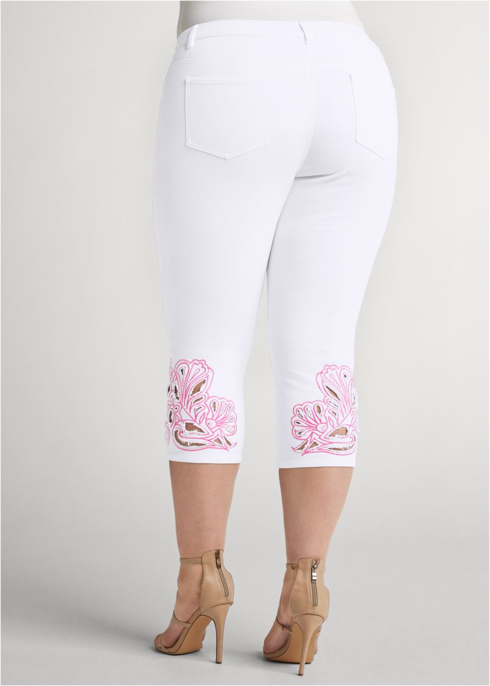 Venus Plus Size Embroidered Trim Capris in White Multi