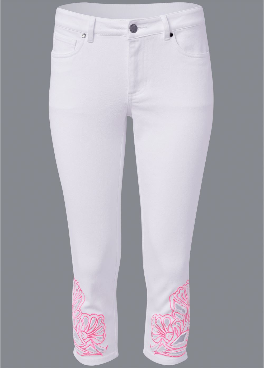 Venus Plus Size Embroidered Trim Capris in White Multi